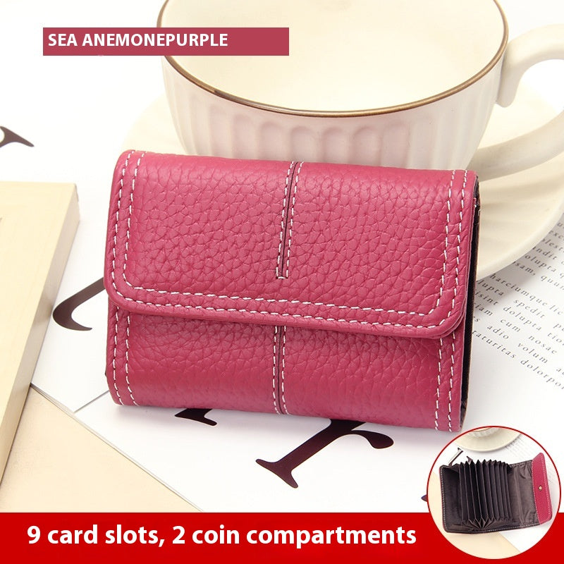 Large Capacity Women's Key Chain First Layer Cowhide Card Holder Wallet